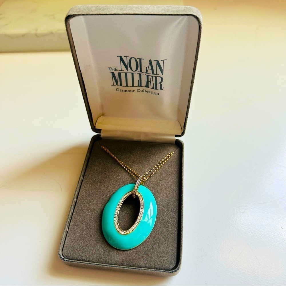 NIB VTG Nolan Miller Glamour Collection Turquoise and Gold Pendant Necklace